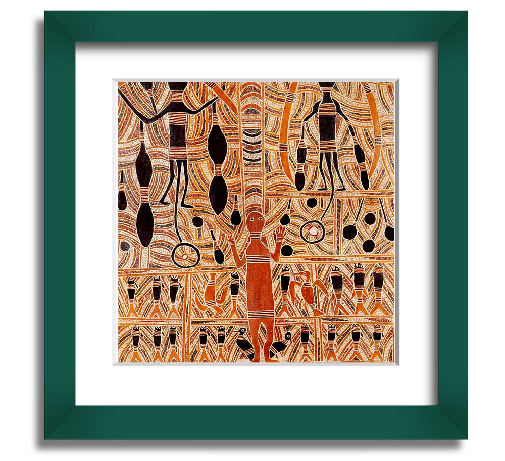 Aboriginal Marika Mathaman Square Framed Print showcasing vibrant colors and intricate designs, framed in a stylish border.